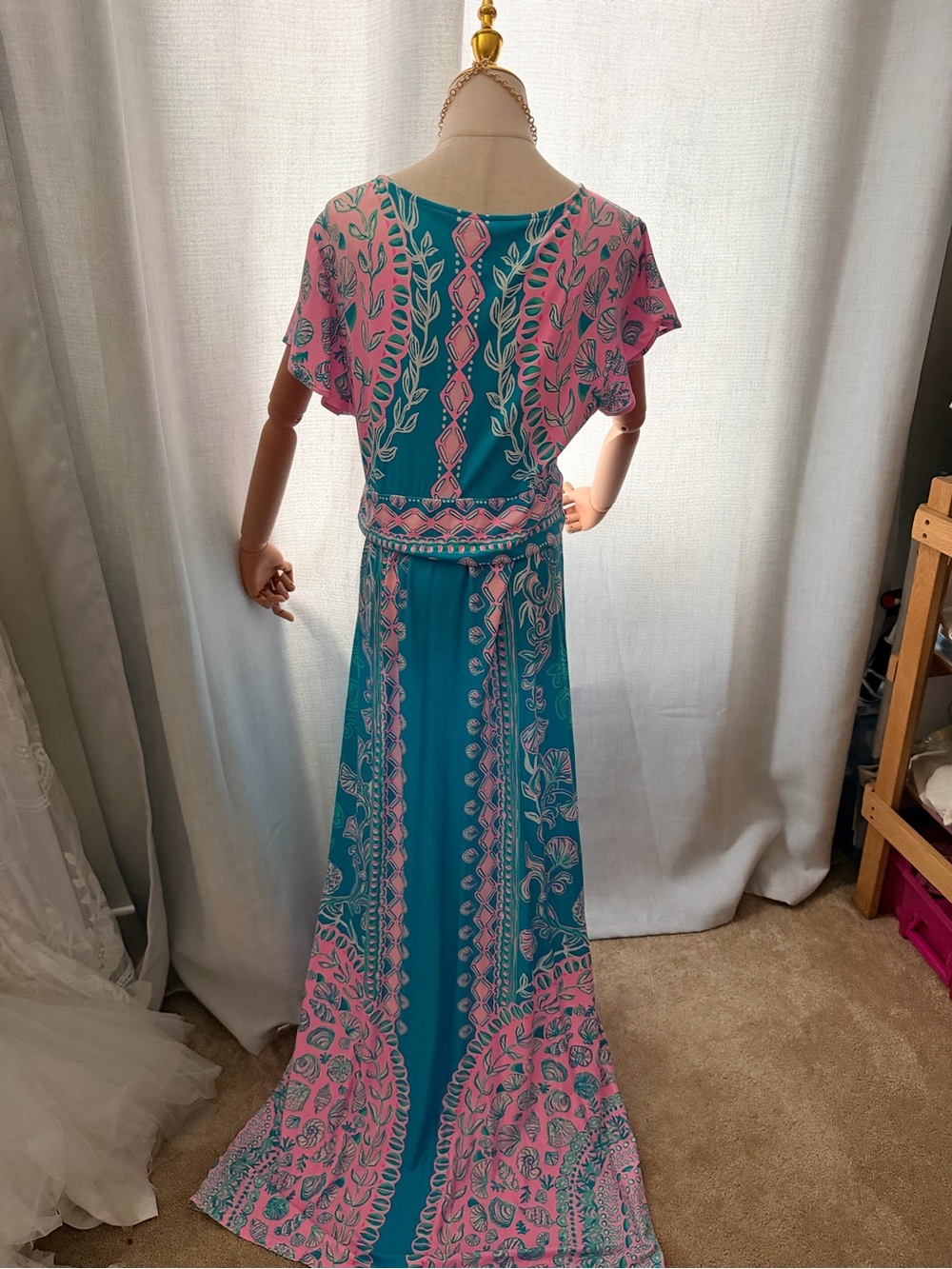 Lilly Pulitzer Teal & Pink Printed Short-Sleeve Maxi Dress